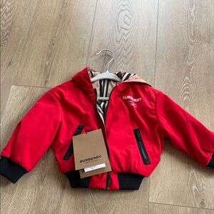 Burberry Red Baby Hooded Bomber Jacket with Check Lining